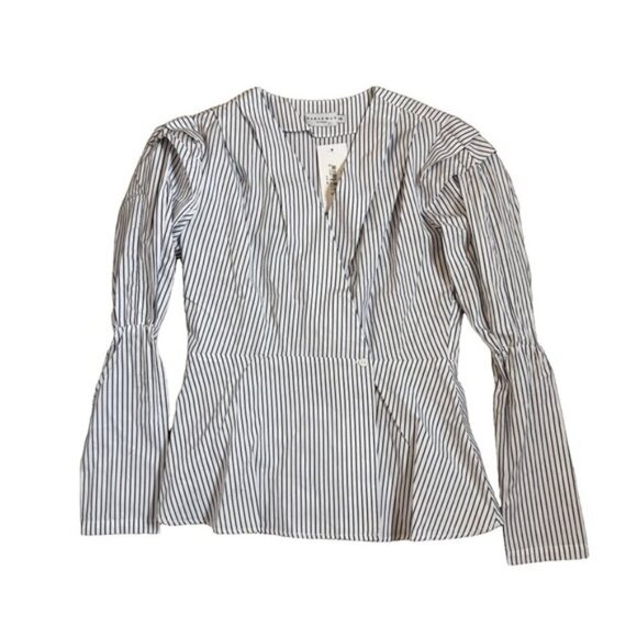 Harshman XS Marcela Stripe Puff-sleeve Peplum Wrap Blouse Navy NWT MSRP $192 - Picture 2 of 9